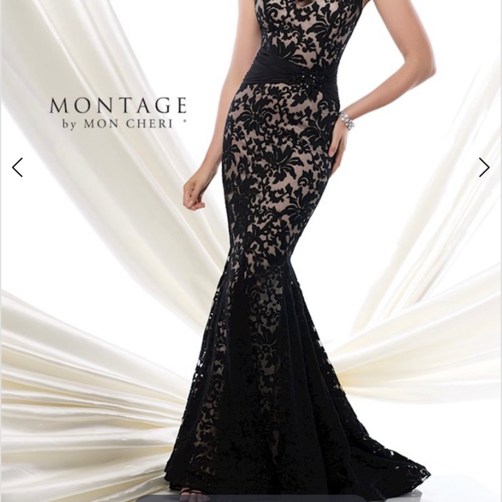 Montage by Mon Cheri floor length formal black nude mermaid sleeveless size 10